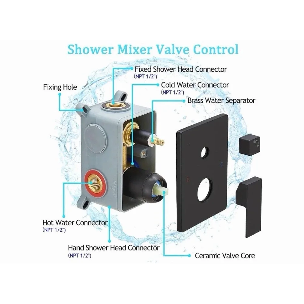 Matte Black Shower Faucet Set Rainfall Shower Head Mixer Valve Wall Mount System